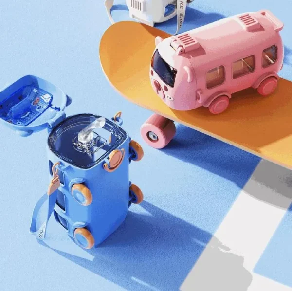 Kids Bus Water Bottle Blue Pink ABS Plastic